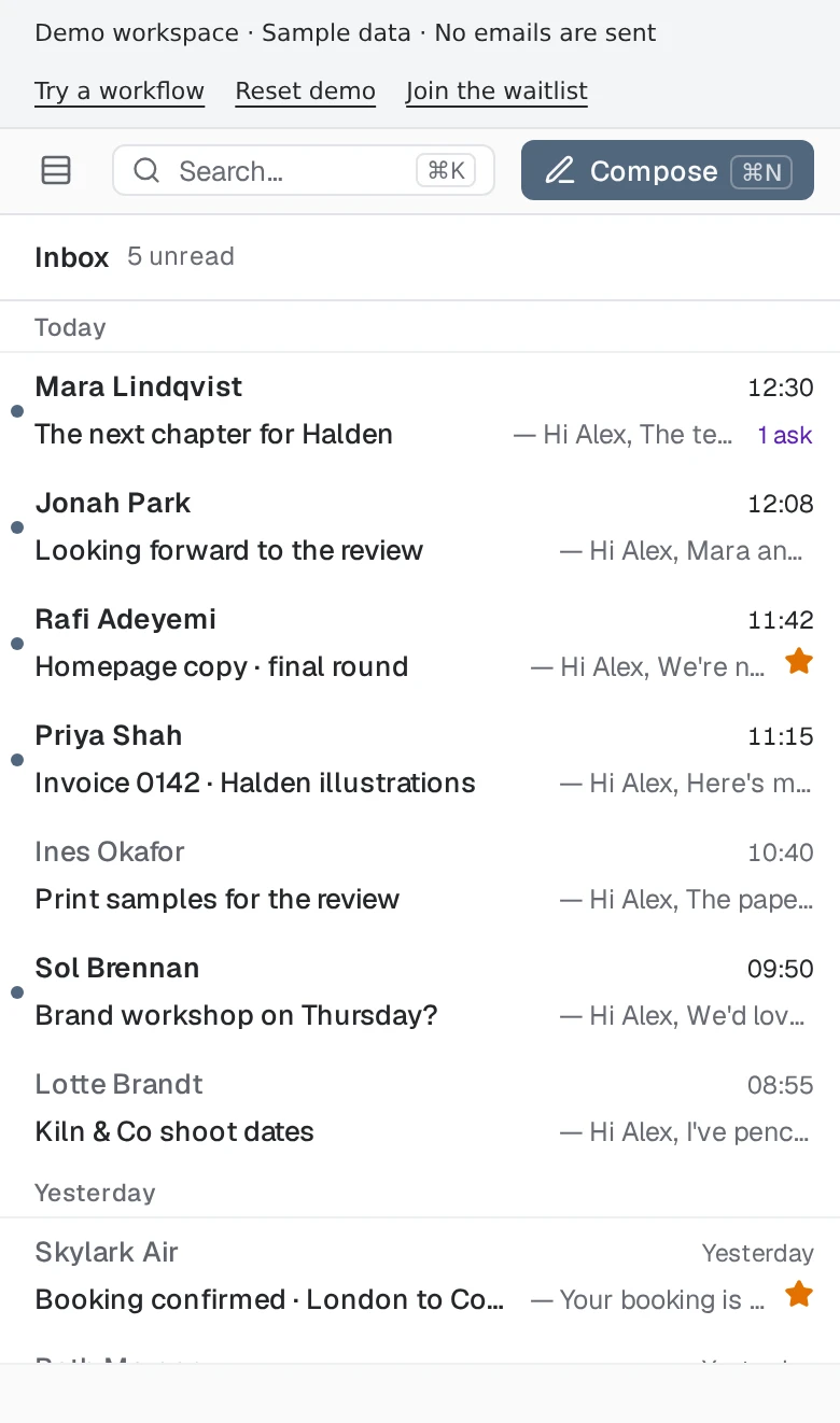 Sameplace mail in the live demo, with fictional data