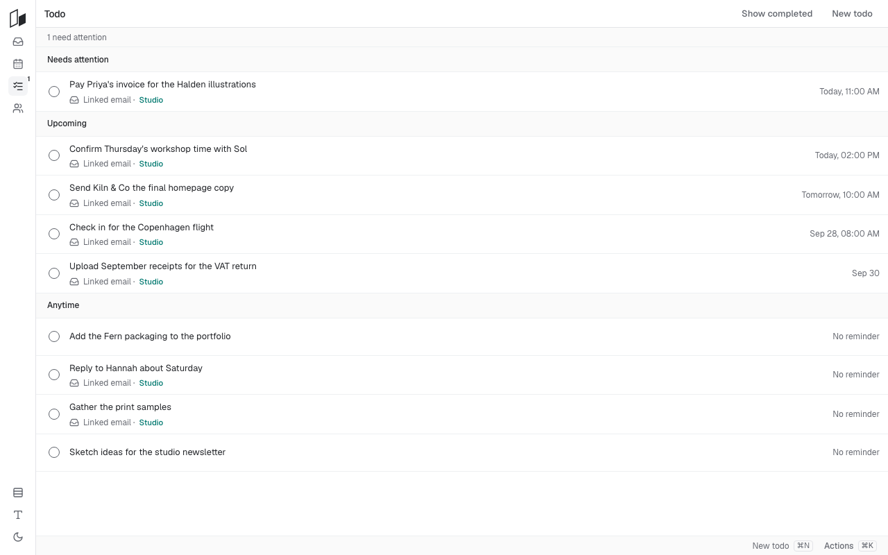 The Sameplace task list, where you can reopen a todo and its source.